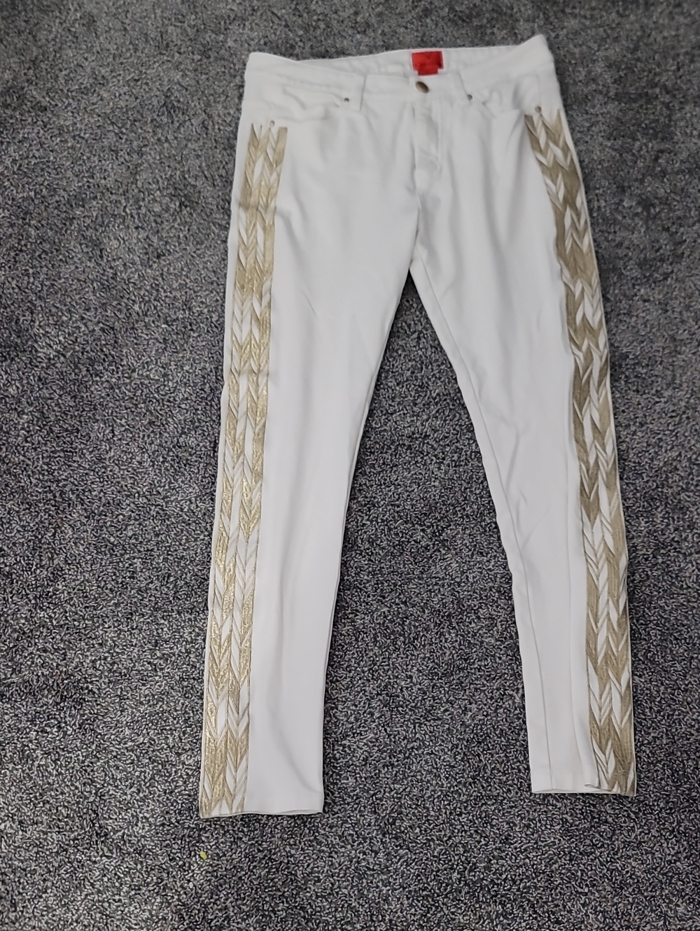White Men’s Slim Fit Pants with Gold Side Trim